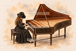 Orchestra Collection, artwork UH-FO-HARPSICHORD-GIRL-01 — watermarked digital art preview