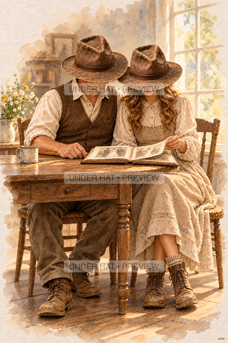 A mature couple in familiar brown hats sit close at a wooden table, looking through an old wedding album as the wife turns a page. (UH-TL-ANN-C-01) — watermarked digital art preview