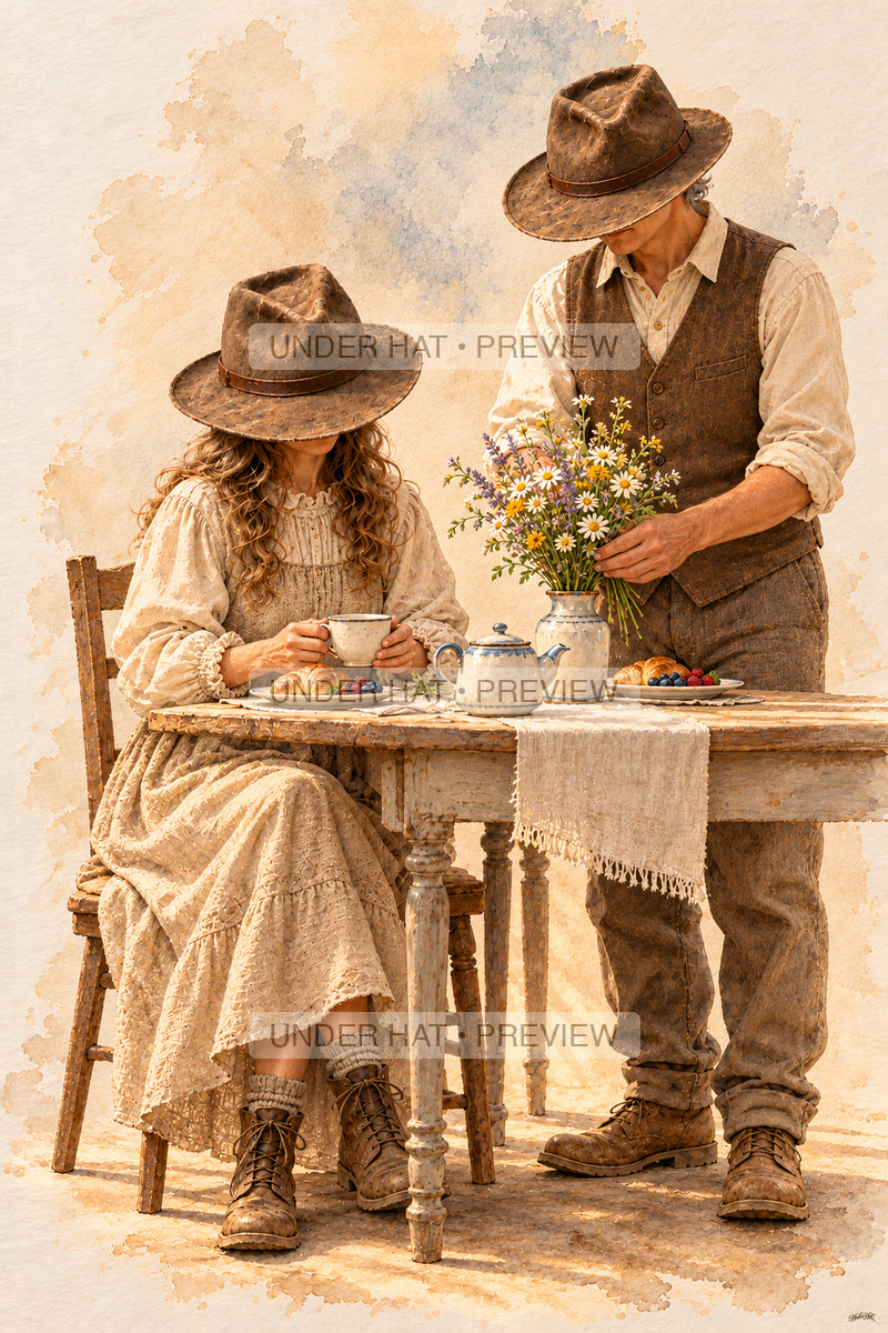 A husband in a brown hat arranges a small garden bouquet beside his seated wife’s breakfast setting while she holds a teacup. (UH-TL-ANN-C-02) — watermarked digital art preview