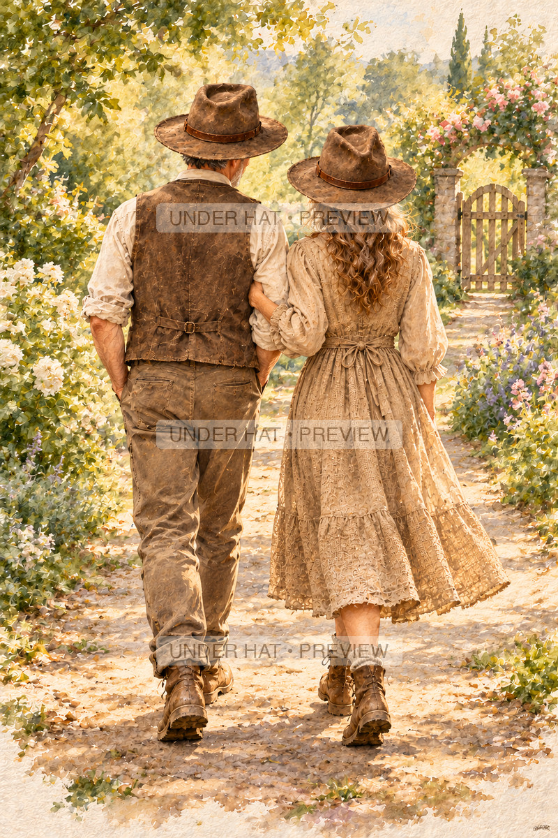Seen from behind, a mature couple in brown hats walk arm in arm along a sunlit garden path toward a wooden gate. (UH-TL-ANN-C-03) — watermarked digital art preview