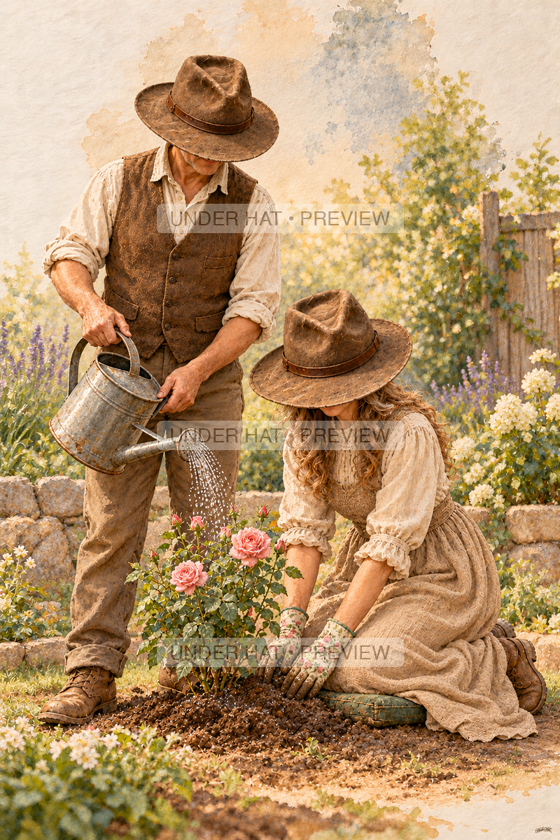 A wife in a long dress and brown hat kneels on a pad to press soil around a rosebush while her husband waters it with a metal can. (UH-TL-ANN-C-04) — watermarked digital art preview