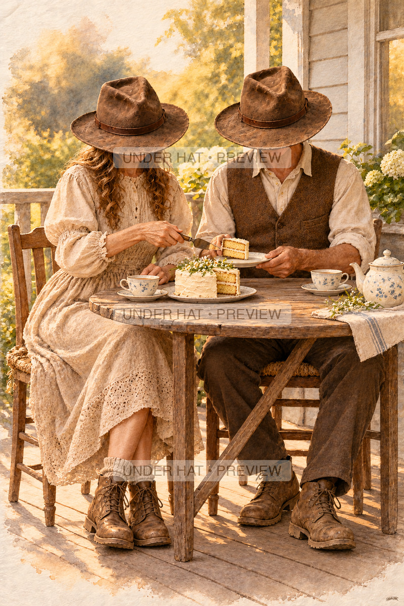 A mature couple in brown hats share cake and tea on a porch; the wife serves a slice onto the small plate held by her husband. (UH-TL-ANN-C-05) — watermarked digital art preview