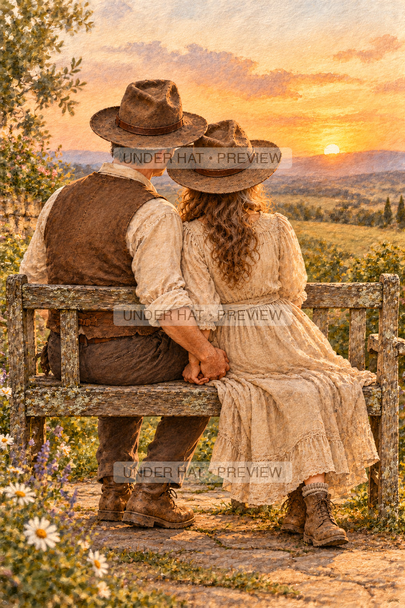 Seen from behind, a mature couple in brown hats sit close on a weathered garden bench, hands joined on the seat, watching sunset over open fields. (UH-TL-ANN-C-06) — watermarked digital art preview
