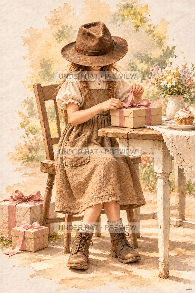 A girl in a brown hat and long pinafore opens a pink ribbon on a birthday box at a sunny breakfast table. (UH-TL-BDY-F-01) — watermarked digital art preview