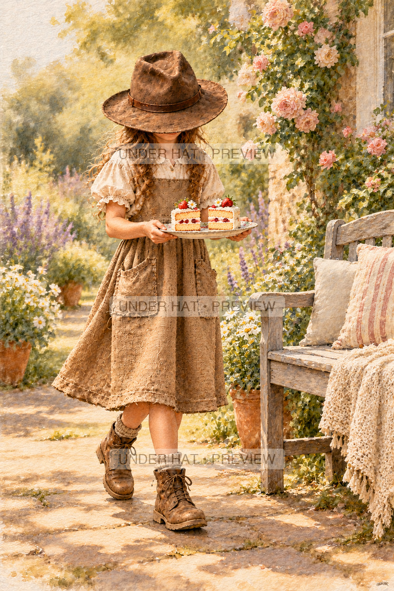 A girl in a brown hat carries two slices of cake on a plate toward a flower-filled garden bench. (UH-TL-BDY-F-02) — watermarked digital art preview