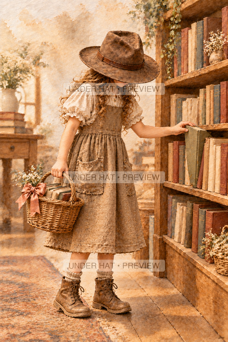 A girl in a brown hat chooses a clothbound book from a low bookshop shelf while holding a ribboned basket. (UH-TL-BDY-F-03) — watermarked digital art preview