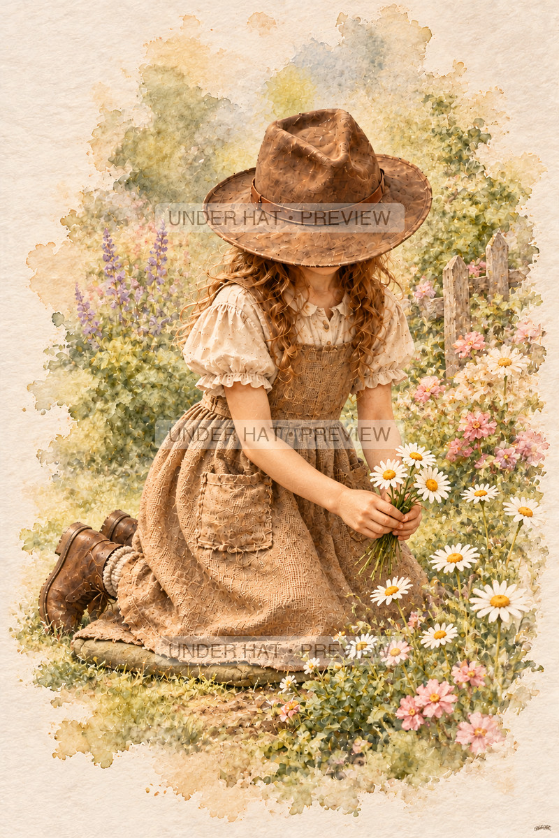 A girl in a brown hat kneels on a garden pad, gathering daisies with her long skirt covering her knees. (UH-TL-BDY-F-04) — watermarked digital art preview
