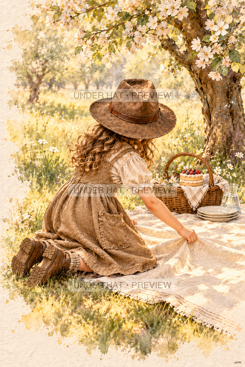 Seen from behind, a girl in a brown hat spreads a picnic cloth beneath a flowering orchard tree beside a basket and small cake. (UH-TL-BDY-F-05) — watermarked digital art preview