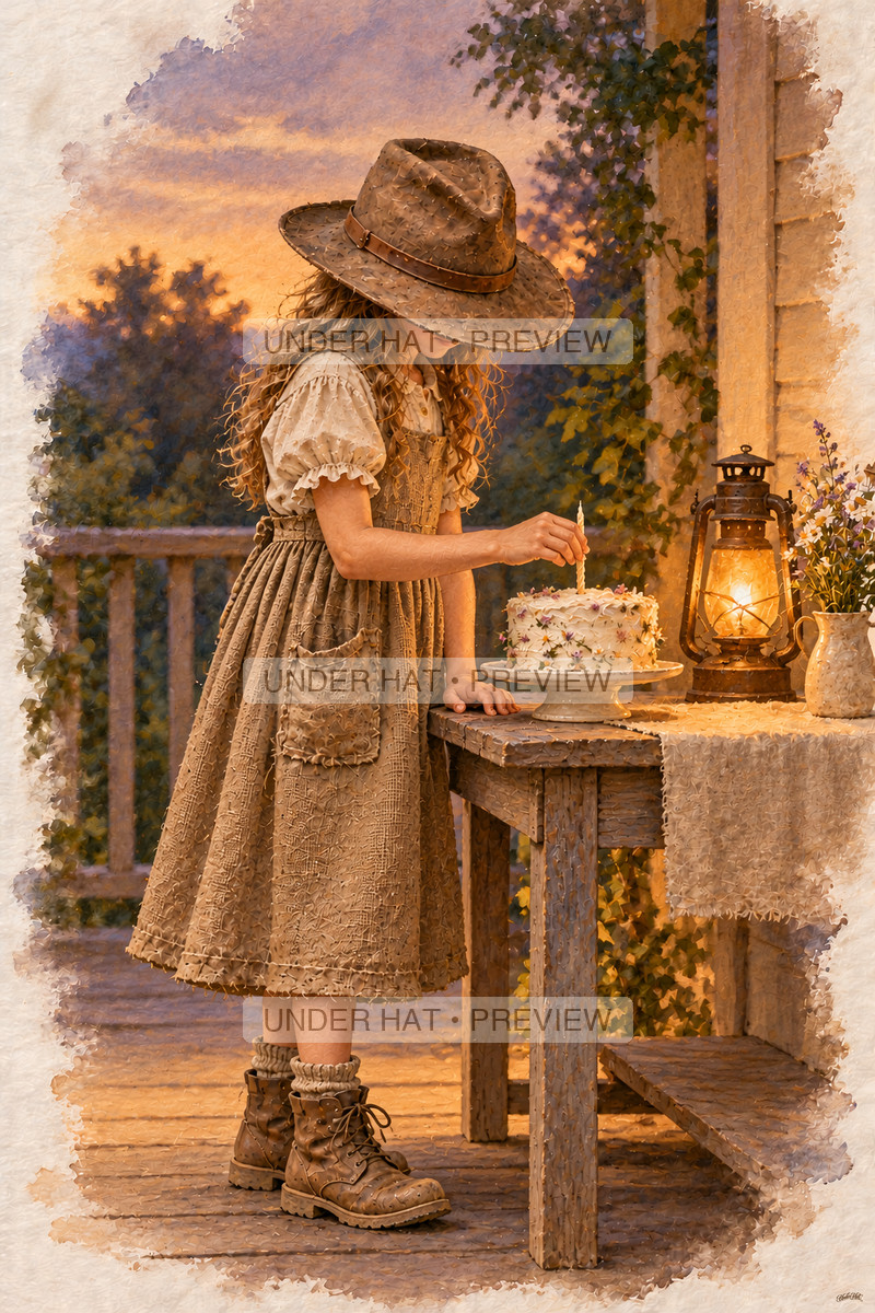 A girl in a brown hat places a candle in a birthday cake on a porch table beside an amber lantern at dusk. (UH-TL-BDY-F-06) — watermarked digital art preview