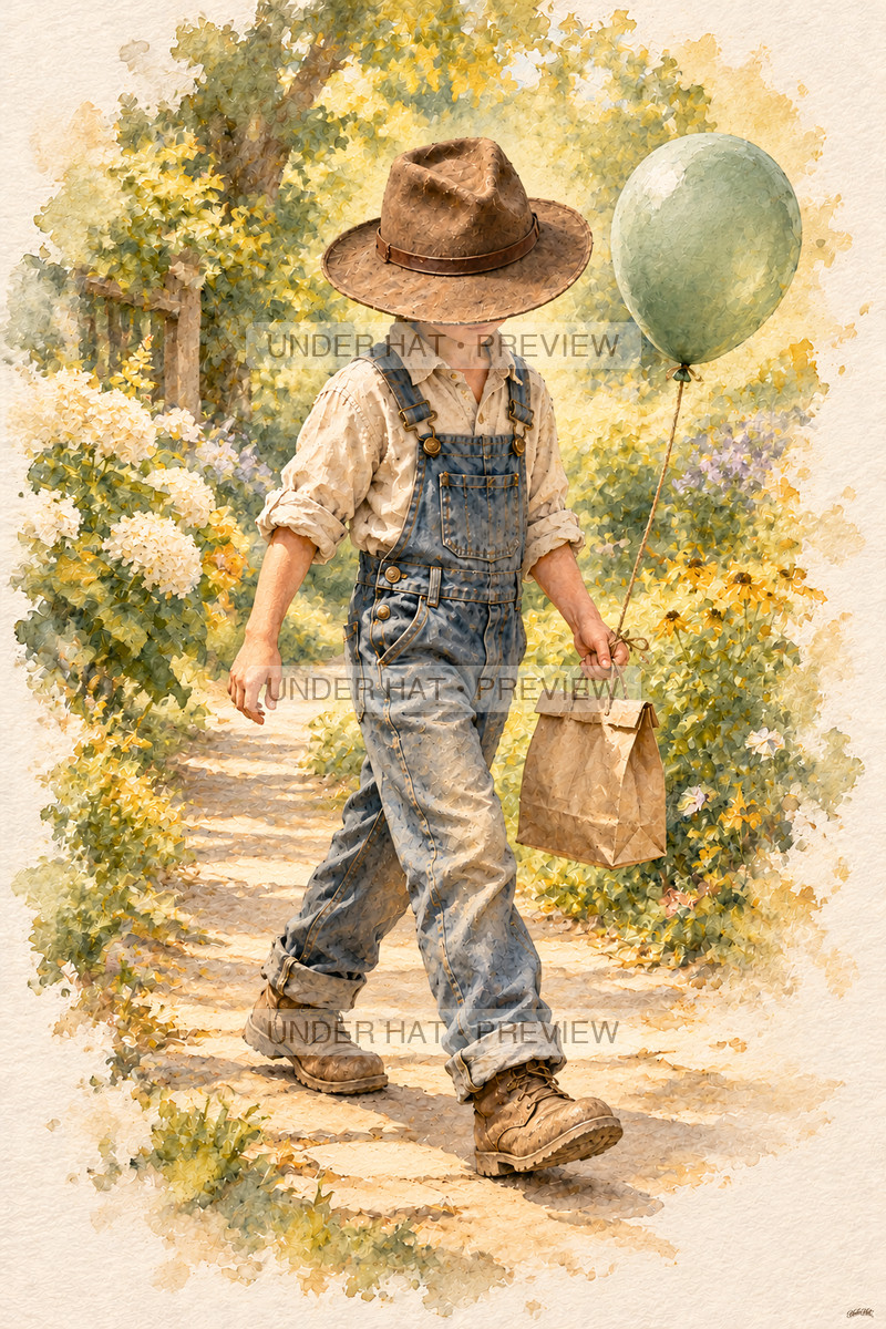 A boy in a brown hat and denim overalls walks along a garden path carrying a picnic bag with a single sage balloon tied to its handle. (UH-TL-BDY-M-03) — watermarked digital art preview