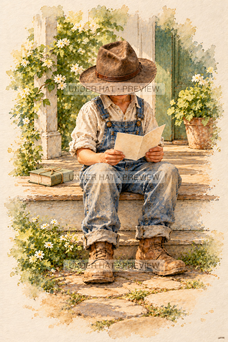 A boy in a wide brown hat sits on a porch step opening a blank handmade birthday card beside a ribboned book. (UH-TL-BDY-M-04) — watermarked digital art preview