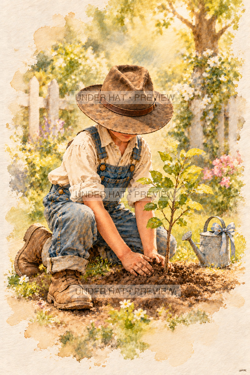 A boy in a brown hat kneels in a sunny garden, gently pressing soil around a newly planted sapling beside a ribboned watering can. (UH-TL-BDY-M-05) — watermarked digital art preview