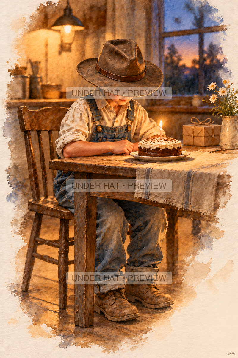 A boy in a brown hat sits at a kitchen table at dusk, leaning gently toward a small cake with one lit birthday candle. (UH-TL-BDY-M-06) — watermarked digital art preview