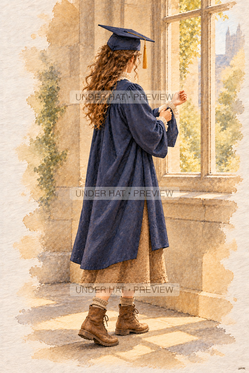 Seen from behind, a young woman with brown curls wears a navy graduation cap and gown while gently adjusting a sleeve beside a campus window. (UH-TL-CGR-F-01) — watermarked digital art preview