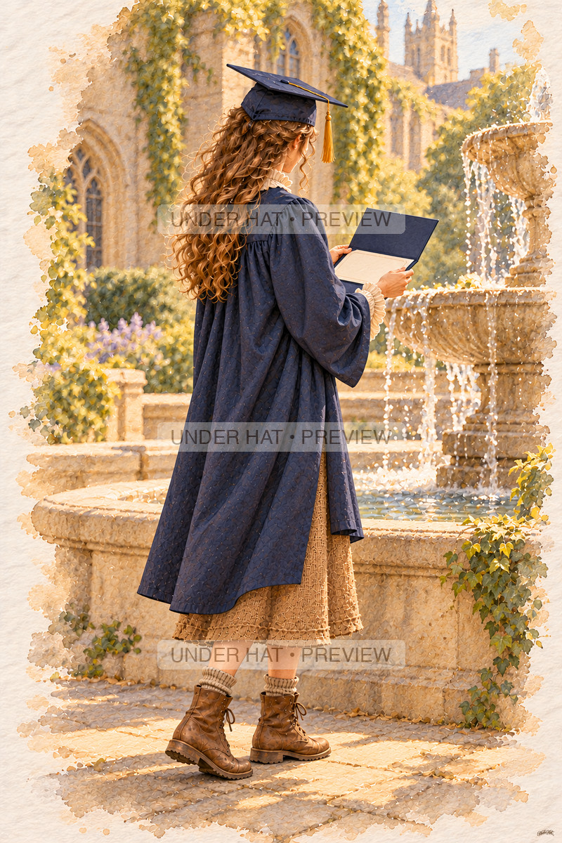 A young woman in a navy graduation cap and gown opens a diploma cover beside a stone college fountain. (UH-TL-CGR-F-02) — watermarked digital art preview