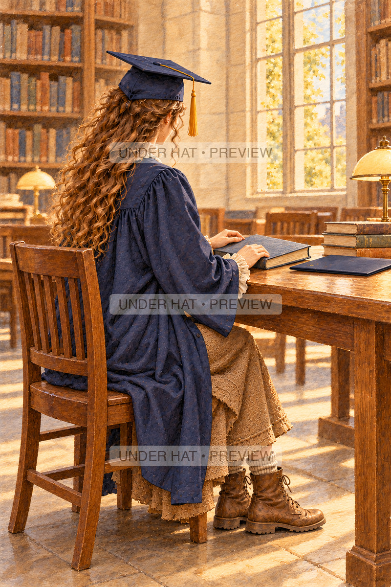 Seen from behind, a young woman in a navy graduation cap and gown closes her bound final project at a library table. (UH-TL-CGR-F-03) — watermarked digital art preview