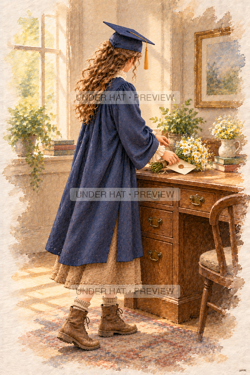 A young woman in a navy graduation cap and gown places daisies and a sealed envelope together on a mentor desk. (UH-TL-CGR-F-04) — watermarked digital art preview