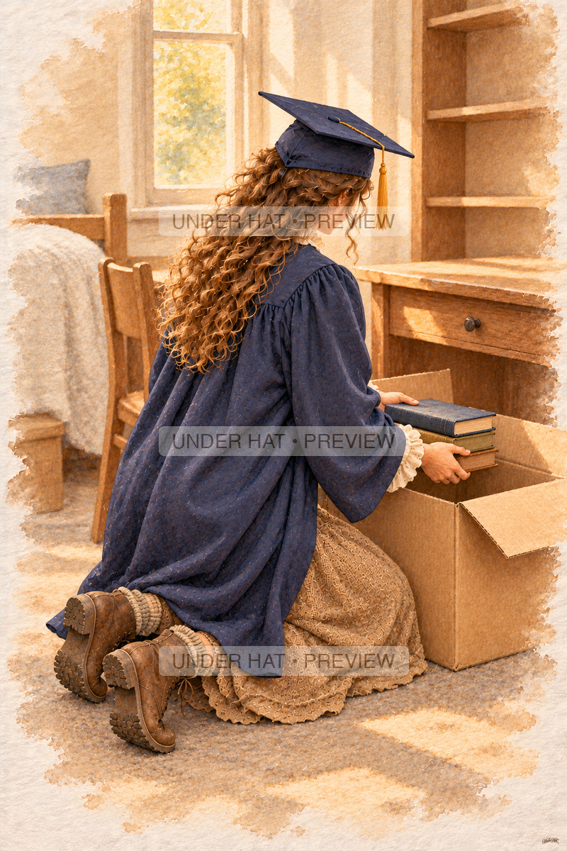 A young woman in a navy graduation cap and gown kneels in a long dress, packing books into a cardboard box beside her student desk. (UH-TL-CGR-F-05) — watermarked digital art preview