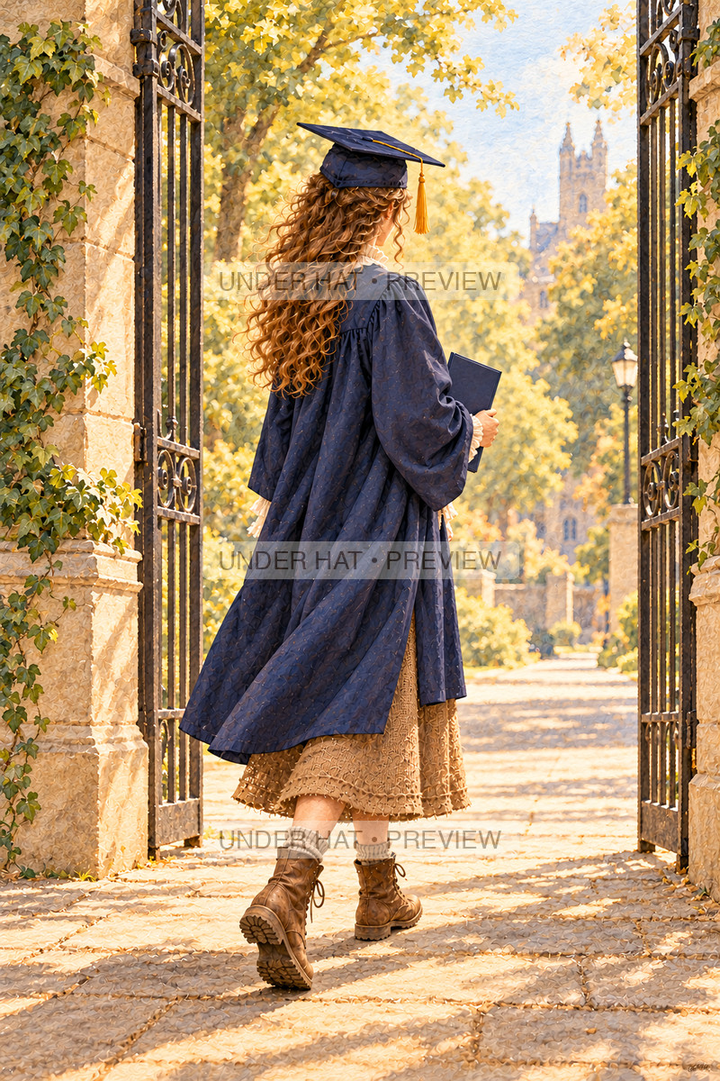 Seen from behind, a young woman in a navy graduation cap and gown walks through open wrought-iron college gates holding a diploma cover. (UH-TL-CGR-F-06) — watermarked digital art preview