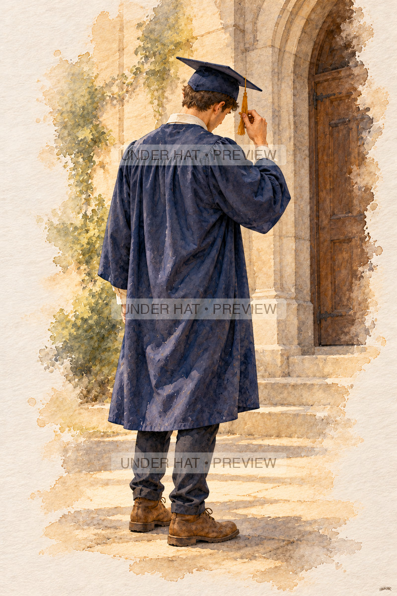 Seen from behind, a young man in a navy graduation cap and gown gently adjusts his golden tassel at a stone campus doorway. (UH-TL-CGR-M-01) — watermarked digital art preview