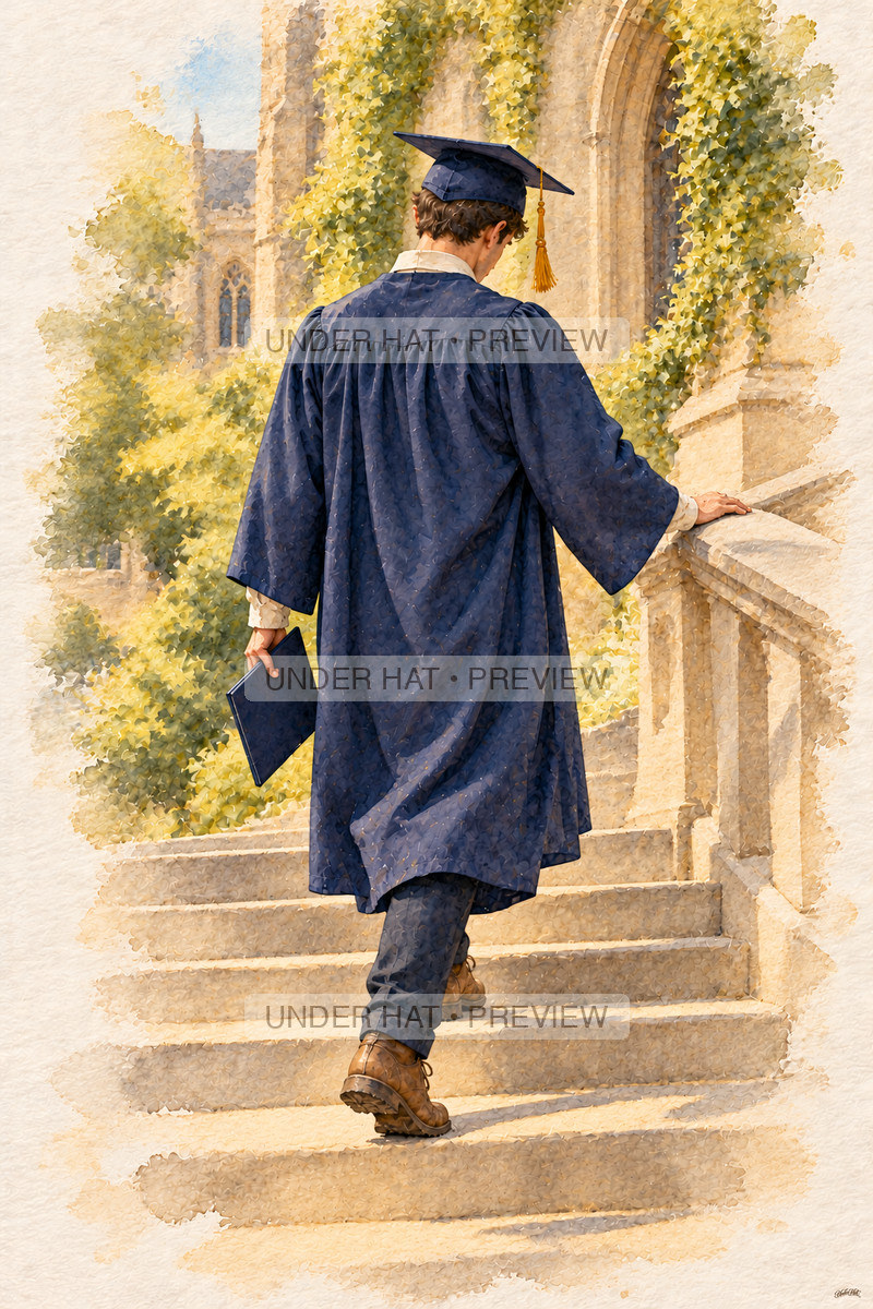 Seen from behind, a young man in a navy graduation cap and gown walks on broad campus steps, holding a diploma cover and touching the stone rail. (UH-TL-CGR-M-02) — watermarked digital art preview