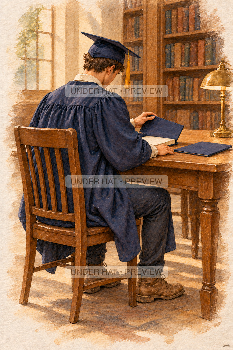 Seen from behind, a young man in a navy graduation cap and gown opens his bound final project at a library table, with a diploma cover beside it. (UH-TL-CGR-M-03) — watermarked digital art preview