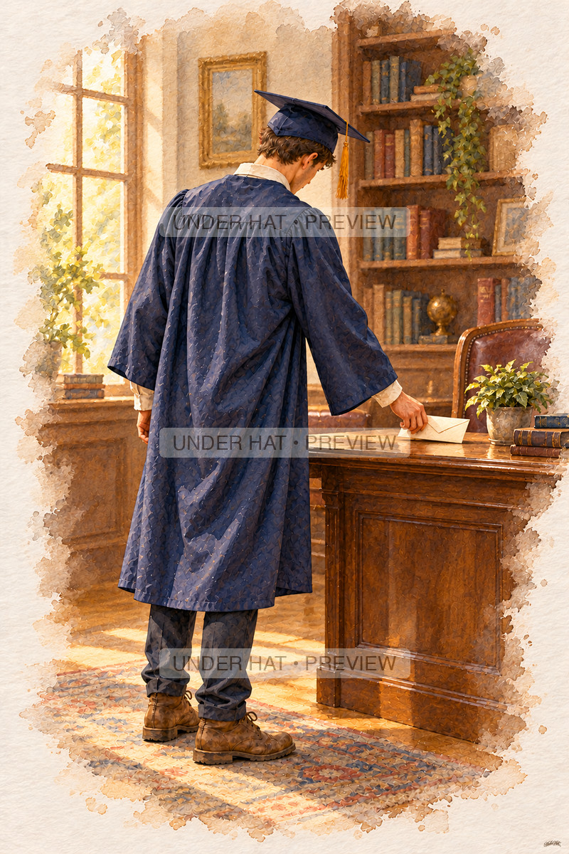 A young man in a navy graduation cap and gown places a sealed envelope beside a potted plant on a mentor desk. (UH-TL-CGR-M-04) — watermarked digital art preview