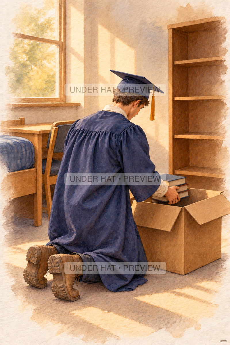 A young man in a navy graduation cap and gown kneels beside his student desk, packing books into a cardboard box. (UH-TL-CGR-M-05) — watermarked digital art preview
