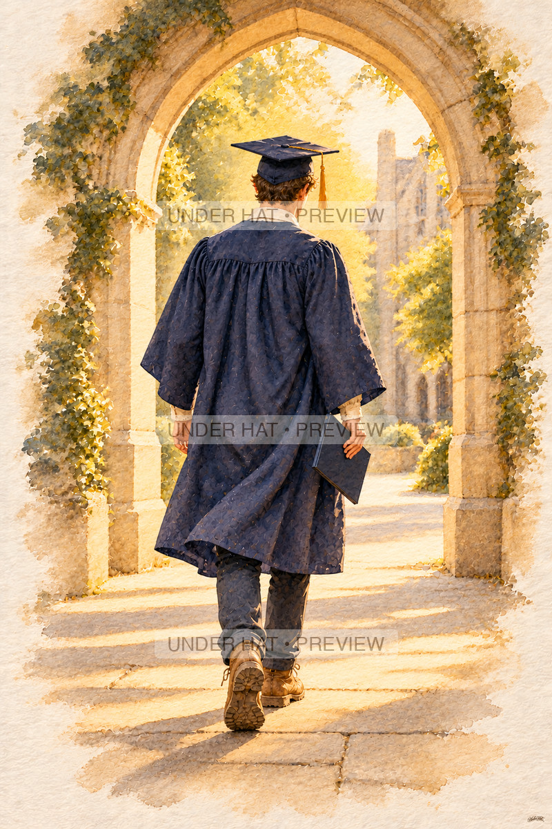 Seen from behind, a young man in a navy graduation cap and gown walks through a stone college arch carrying a diploma cover. (UH-TL-CGR-M-06) — watermarked digital art preview