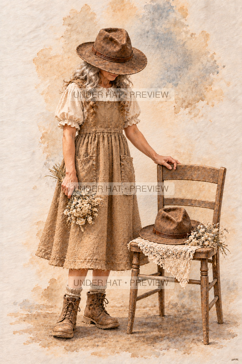 A living older woman in a brown hat and long dress stands beside an empty chair with a remembrance hat and small white flowers. (UH-TL-FUN-F-01) — watermarked digital art preview