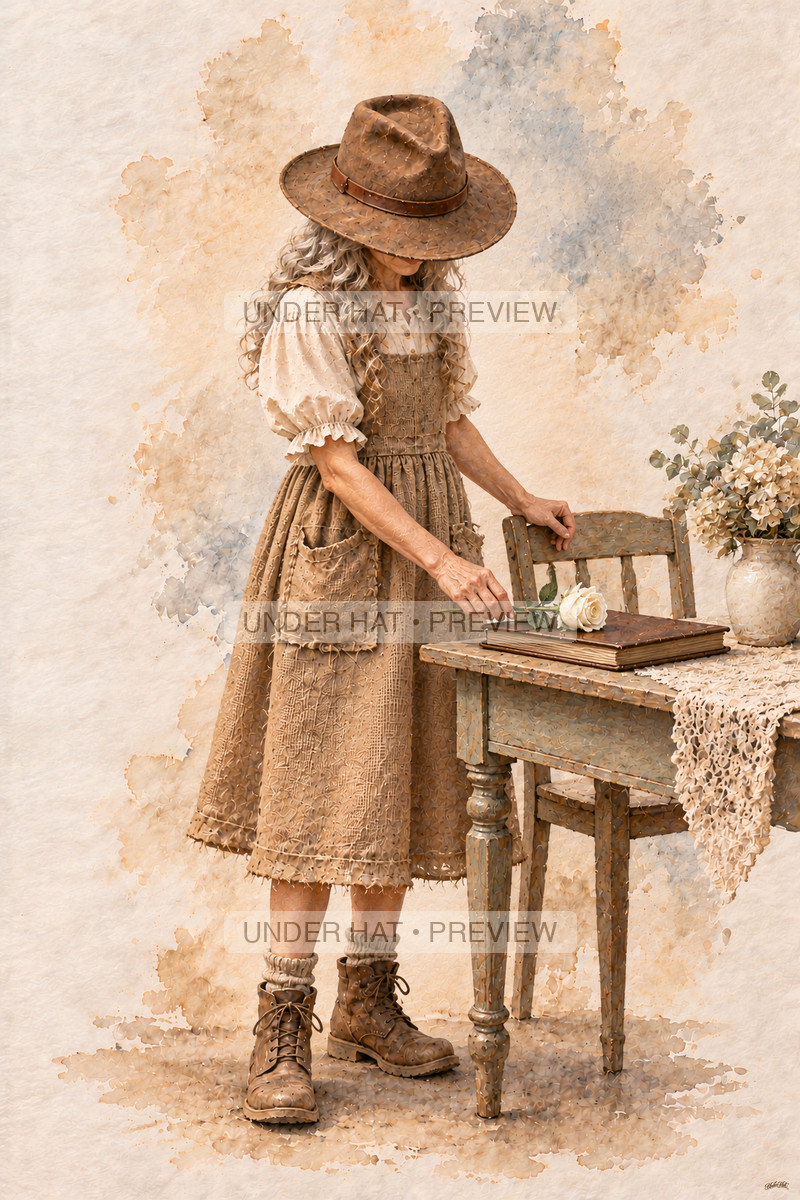 A living older woman in a brown hat lays a single white rose beside a closed memory album. (UH-TL-FUN-F-02) — watermarked digital art preview