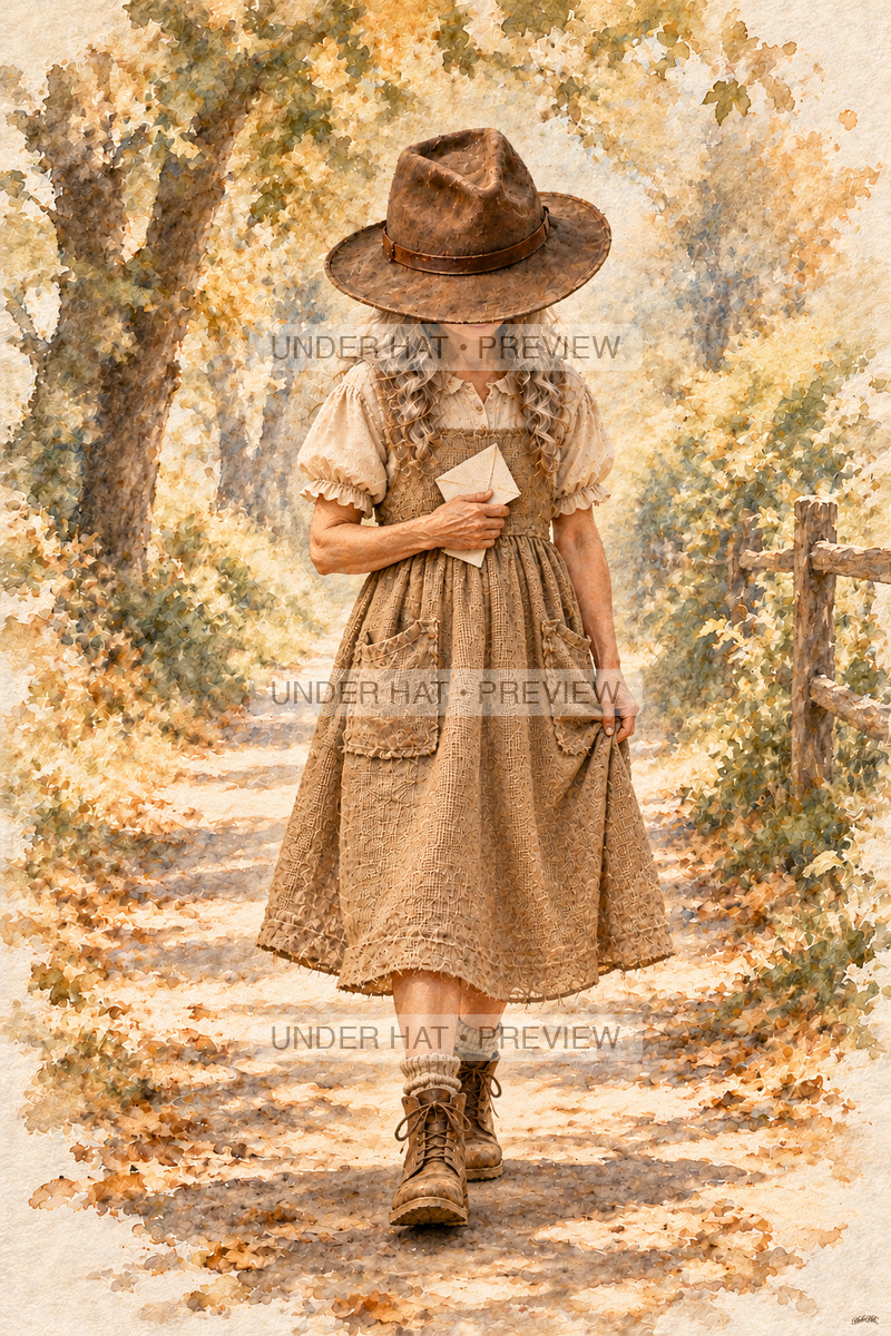 A living older woman in a brown hat and long dress walks slowly along a tree-lined path holding a folded memorial paper. (UH-TL-FUN-F-03) — watermarked digital art preview