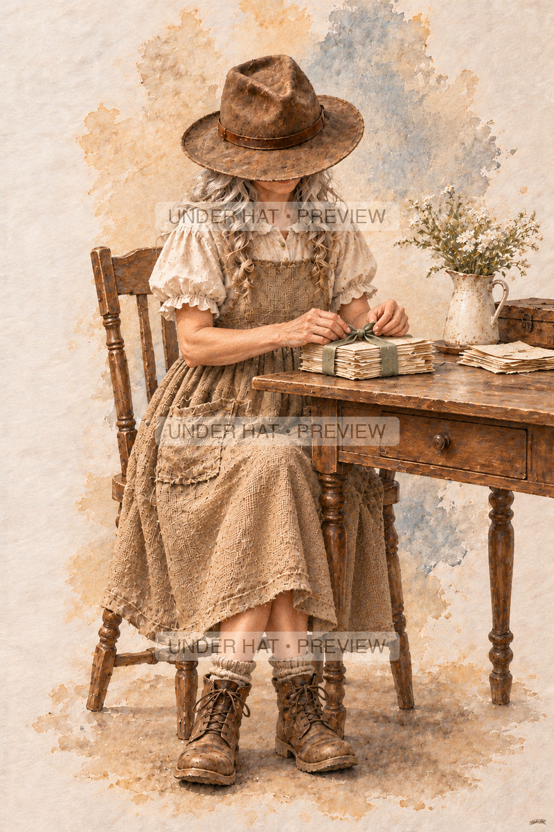 A living older woman in a brown hat sits at a desk tying a green ribbon around treasured letters. (UH-TL-FUN-F-04) — watermarked digital art preview