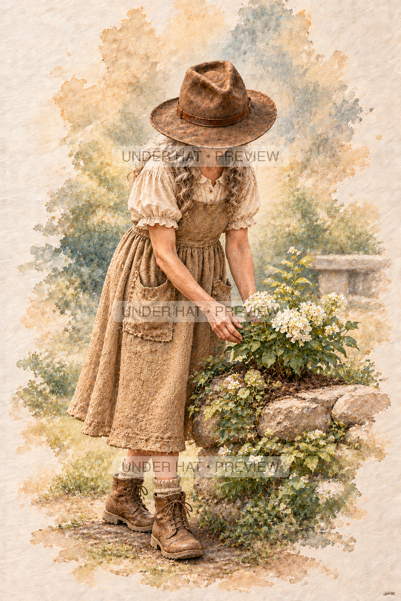 A living older woman in a brown hat and long dress tends a small white-flowered plant beside a garden wall. (UH-TL-FUN-F-05) — watermarked digital art preview