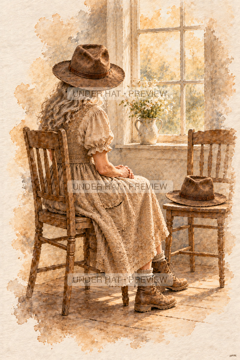A living older woman seen from behind sits by a window, hands resting together, beside an empty chair holding a brown remembrance hat. (UH-TL-FUN-F-06) — watermarked digital art preview