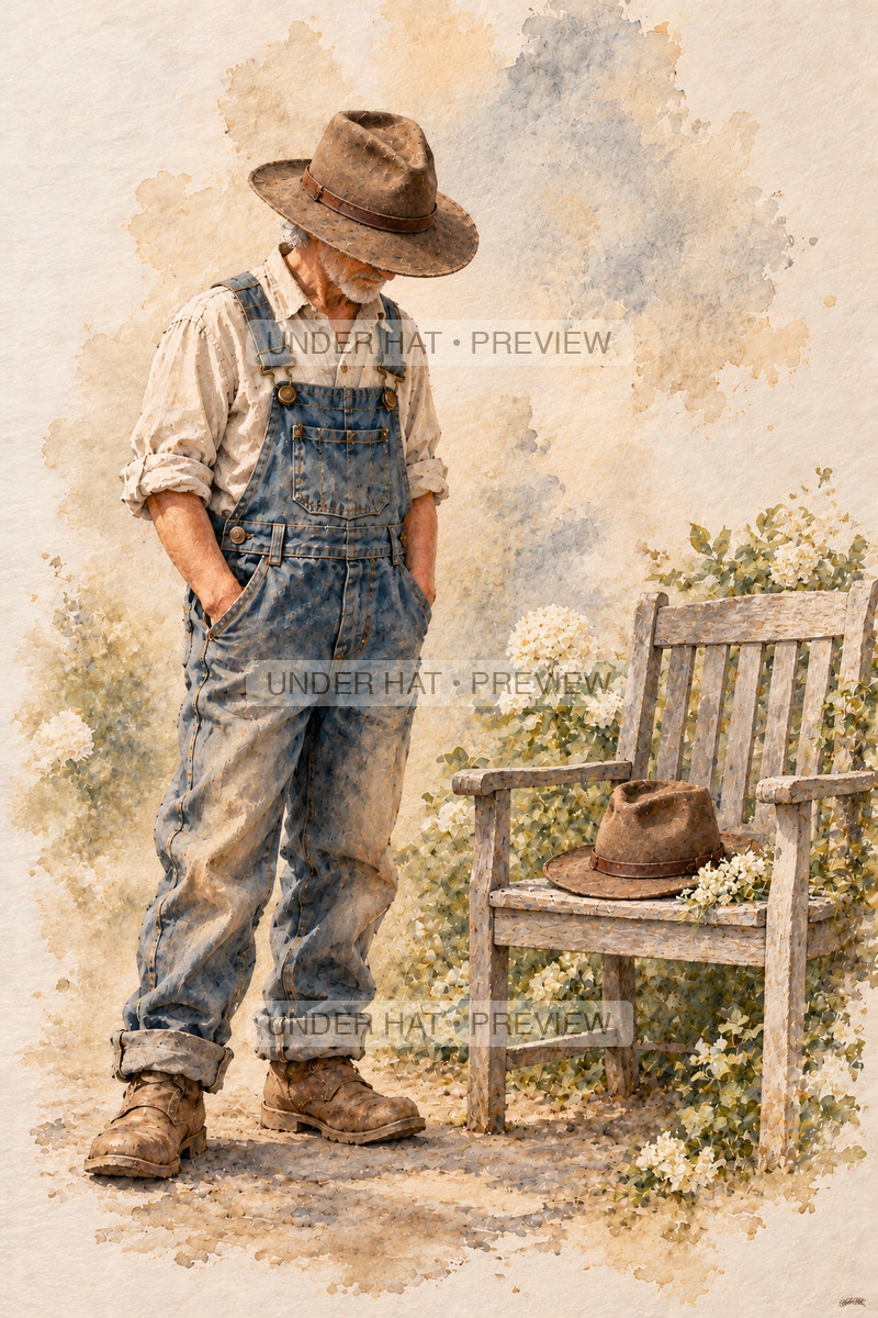 A living older man in a brown hat stands quietly beside an empty garden chair holding a remembrance hat and white flowers. (UH-TL-FUN-M-01) — watermarked digital art preview