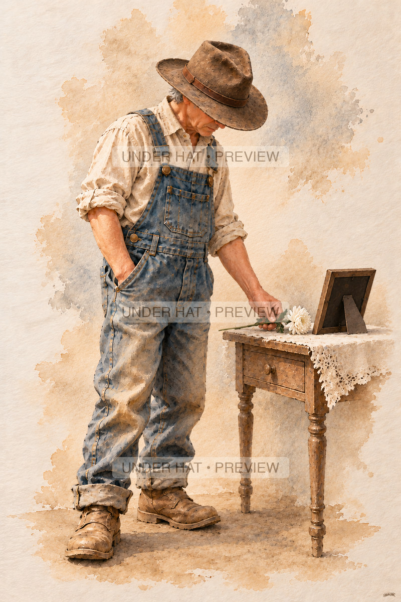 A living older man in a brown hat places one white flower beside the back of a framed photograph. (UH-TL-FUN-M-02) — watermarked digital art preview