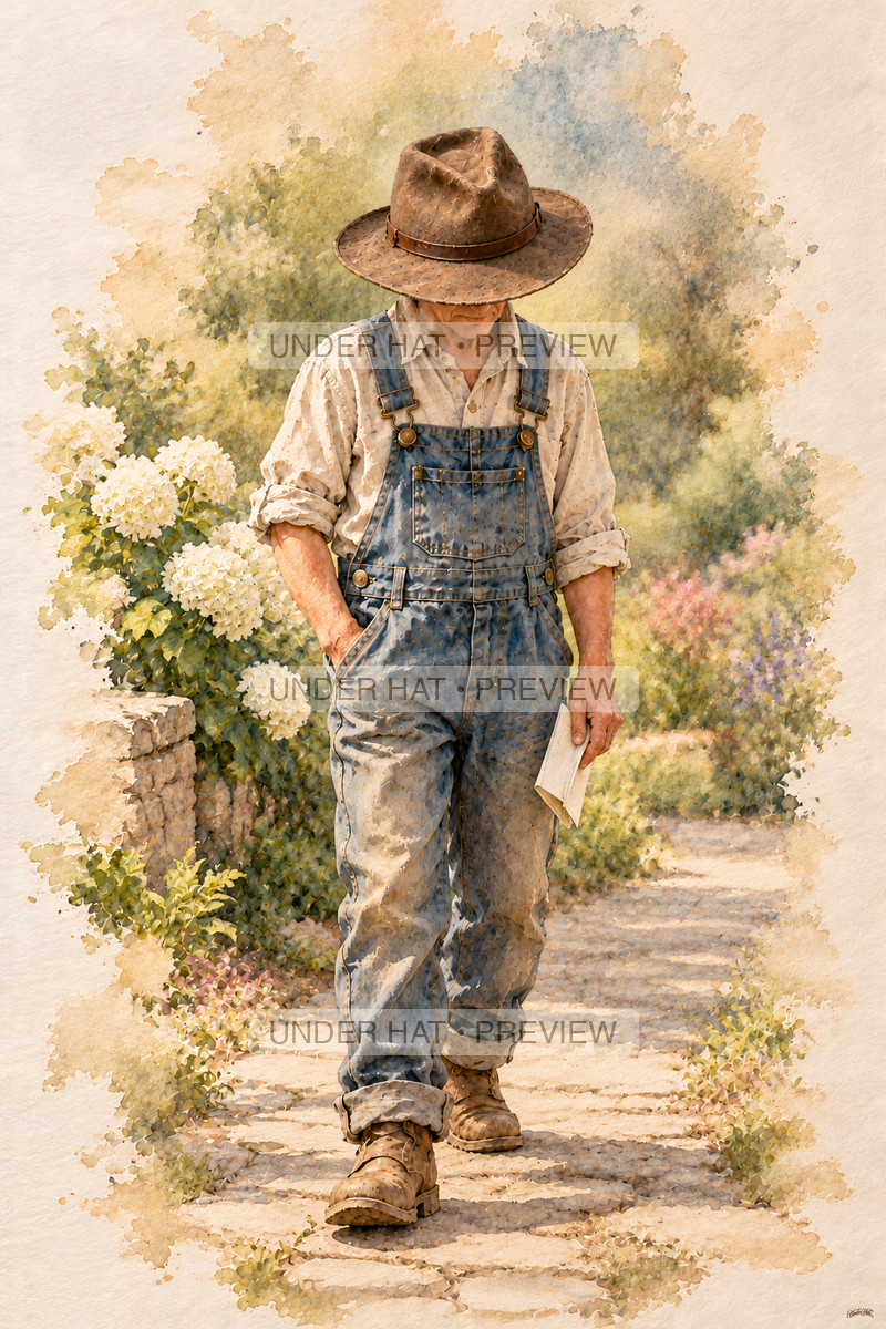 A living older man in a brown hat walks a quiet garden path holding a folded memorial paper. (UH-TL-FUN-M-03) — watermarked digital art preview