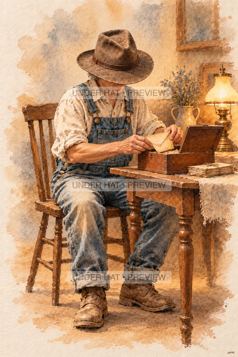 A living older man in a brown hat sits at a table placing treasured letters into a wooden keepsake box. (UH-TL-FUN-M-04) — watermarked digital art preview