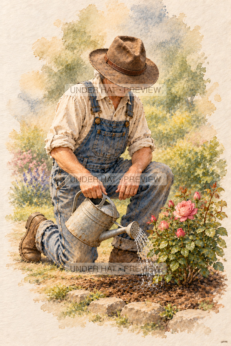 A living older man in a brown hat kneels to water a small rosebush in a quiet garden. (UH-TL-FUN-M-05) — watermarked digital art preview