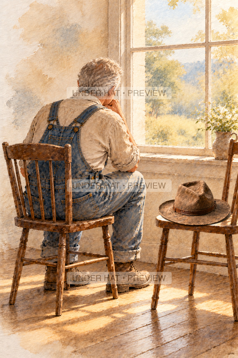 A living gray-haired man seen from behind sits by a window beside an empty chair with a brown remembrance hat. (UH-TL-FUN-M-06) — watermarked digital art preview