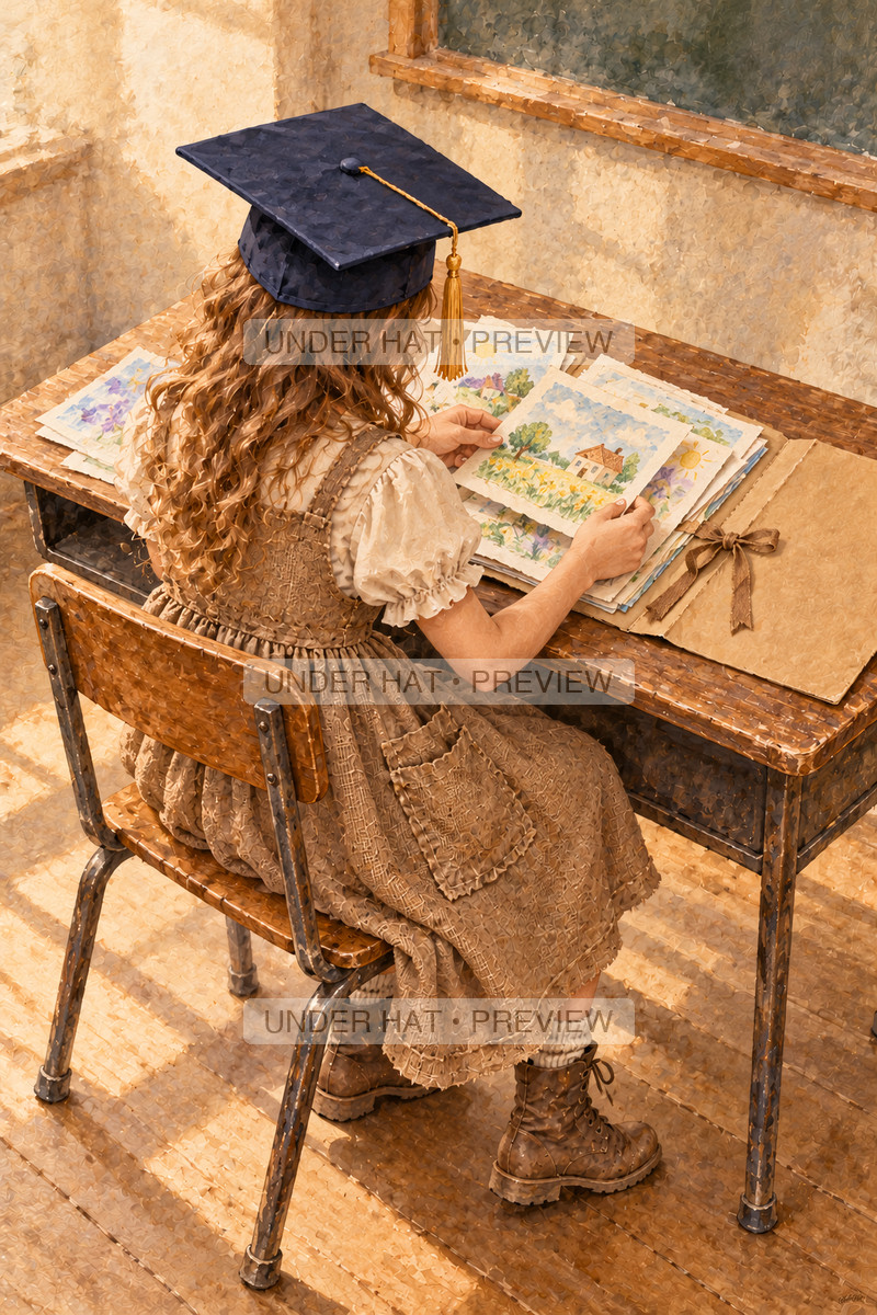 Viewed over her shoulder, a girl in a graduation cap and long brown pinafore sorts school drawings into a keepsake folder at her desk. (UH-TL-GSG-F-01) — watermarked digital art preview