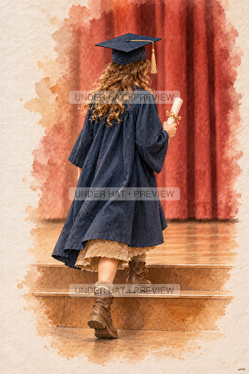 A girl in a navy graduation cap and long gown carefully steps onto a school stage with a rolled certificate, seen from behind. (UH-TL-GSG-F-02) — watermarked digital art preview