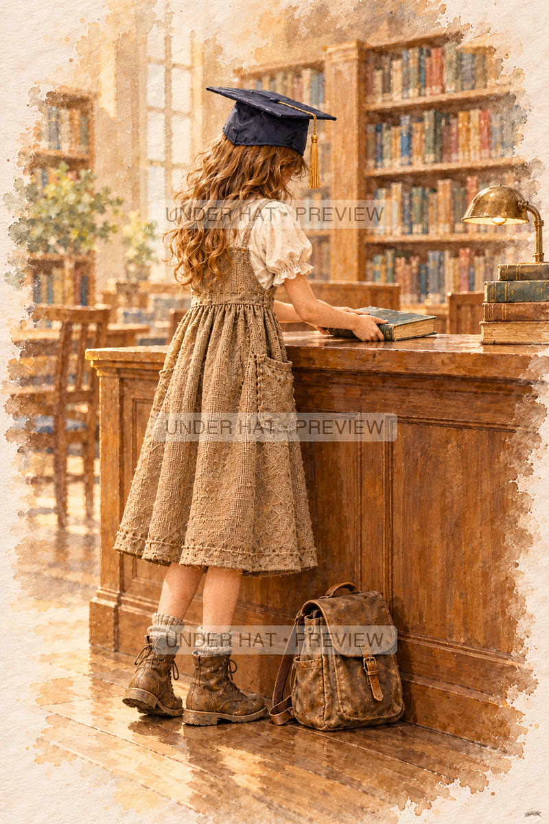 A girl in a graduation cap and long brown dress returns a book at a wooden library counter, her satchel beside her boots. (UH-TL-GSG-F-03) — watermarked digital art preview