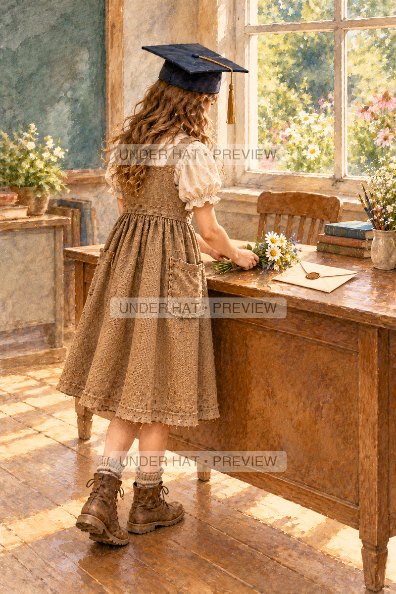 A girl in a graduation cap places a daisy posy beside a sealed envelope on a teacher desk by a garden window. (UH-TL-GSG-F-04) — watermarked digital art preview