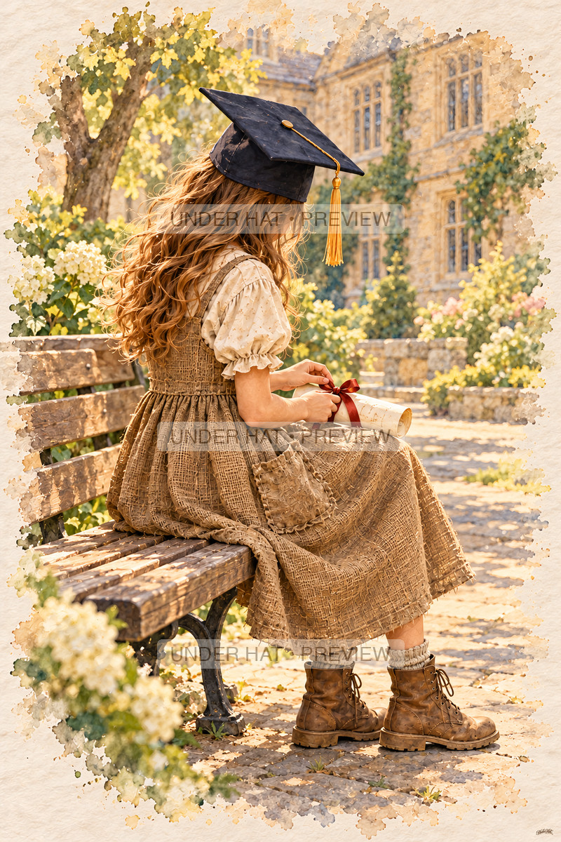 A girl in a graduation cap and long dress sits on a schoolyard bench checking the red ribbon around her rolled certificate. (UH-TL-GSG-F-05) — watermarked digital art preview