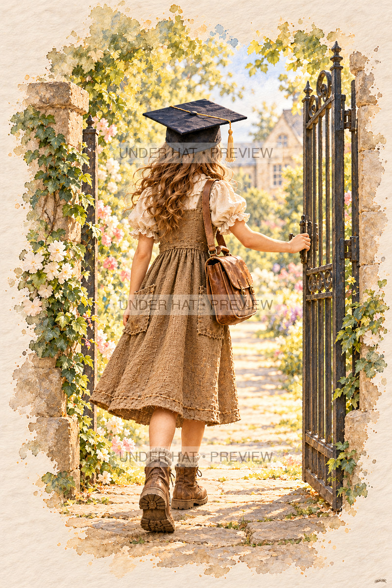 A girl in a graduation cap opens a flower-lined school garden gate, carrying a satchel over her shoulder. (UH-TL-GSG-F-06) — watermarked digital art preview