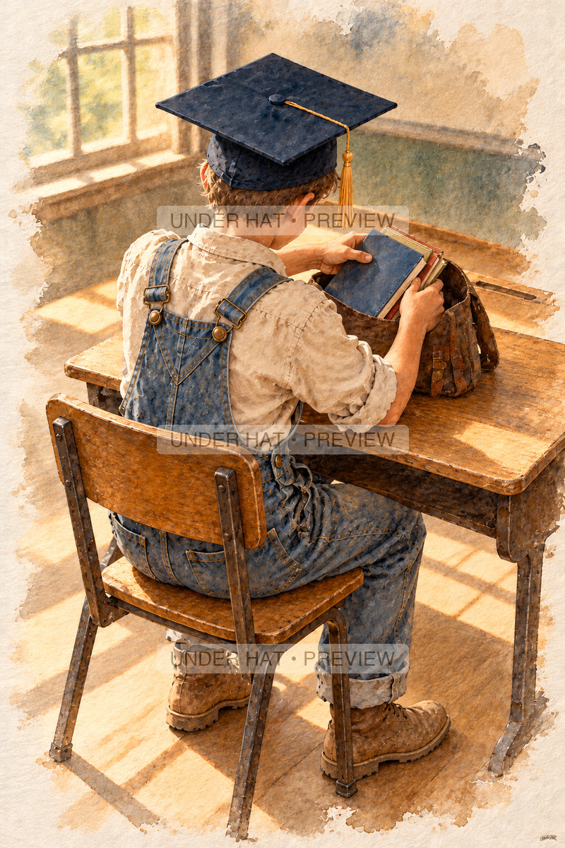 Viewed over his shoulder, a boy in a navy graduation cap packs schoolbooks into a satchel at a sunlit classroom desk. (UH-TL-GSG-M-01) — watermarked digital art preview