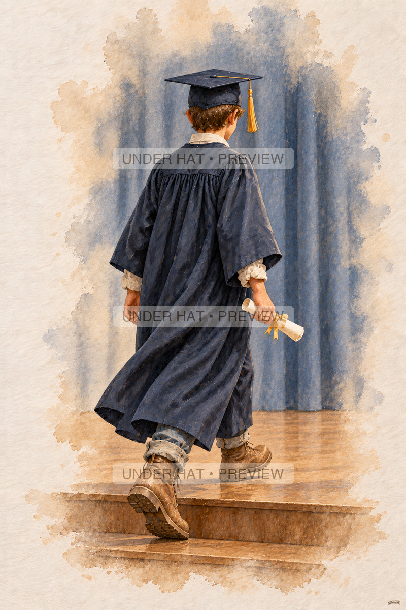 A boy in a navy graduation cap and gown steps onto a small wooden school stage with a rolled certificate, seen from behind. (UH-TL-GSG-M-02) — watermarked digital art preview