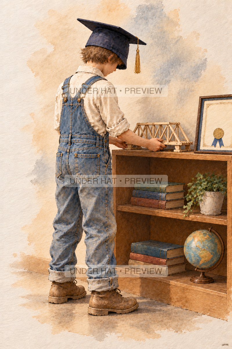A boy in a graduation cap and denim overalls places a handmade bridge model on a school shelf beside a framed certificate. (UH-TL-GSG-M-03) — watermarked digital art preview